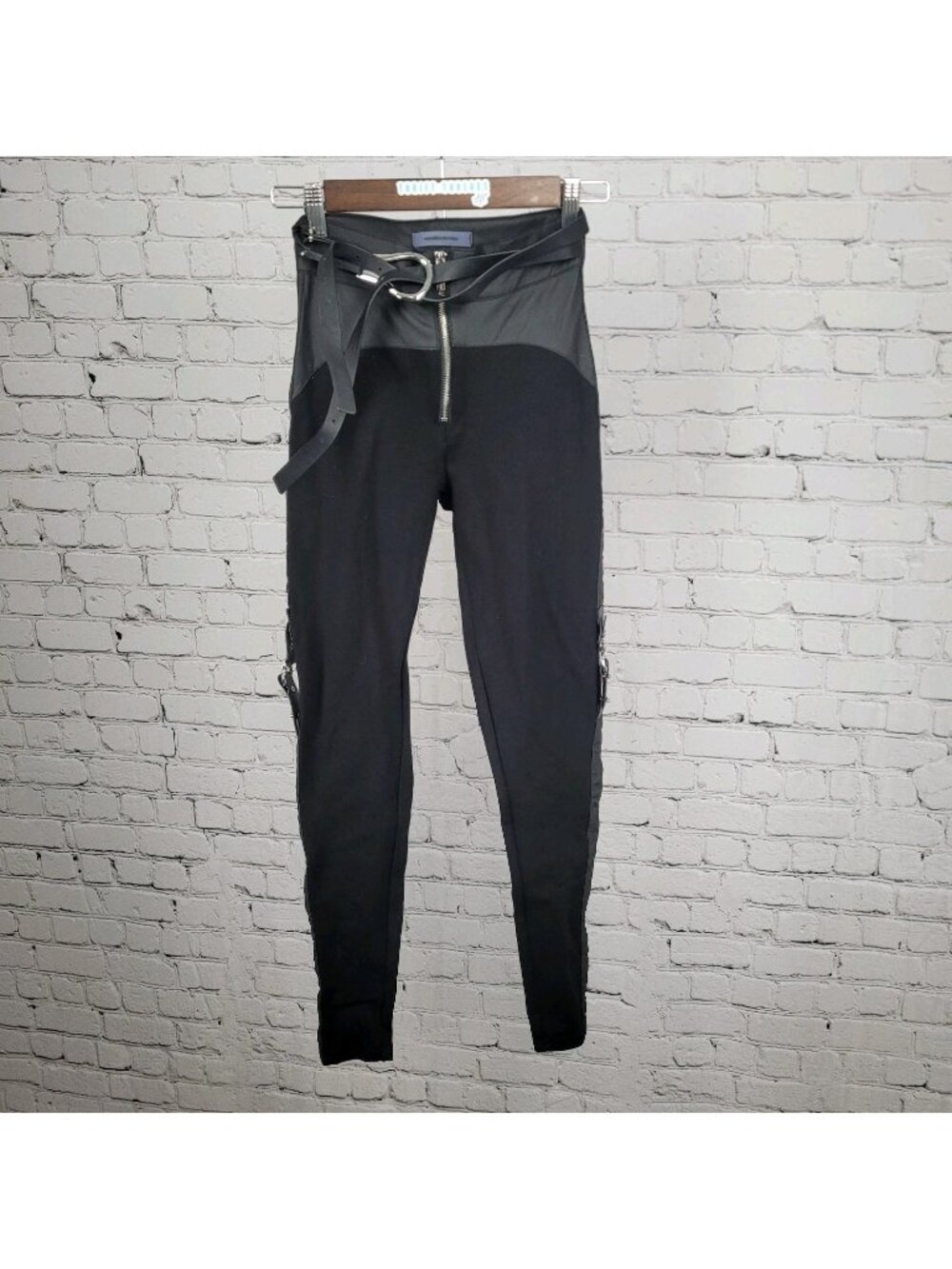 Maniere De Voir Black Faux Leather Accents Belted Skinny Stretch Pants 0 (22x29)